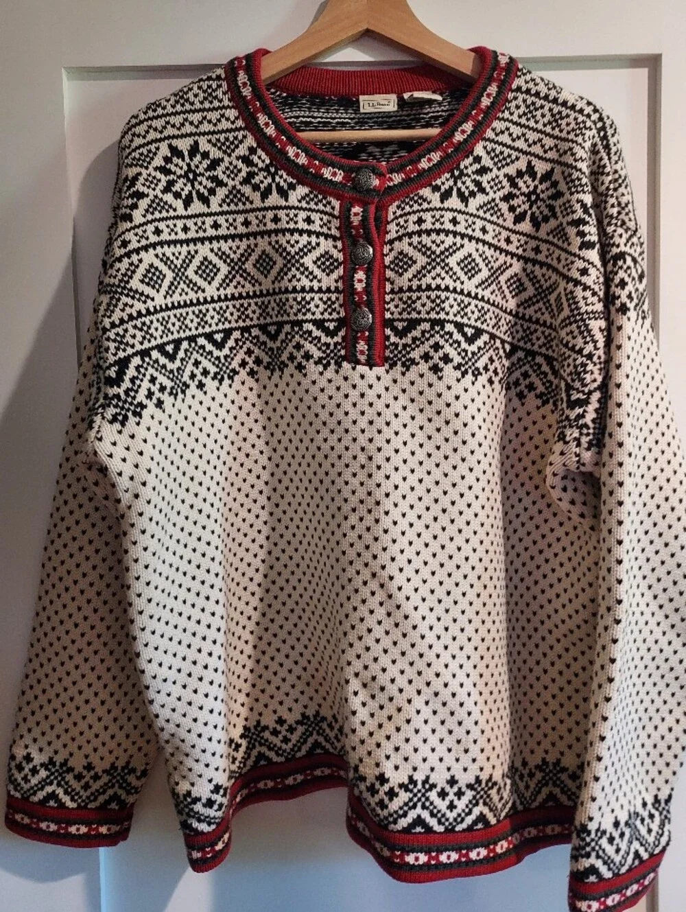 Vintage LL Bean Nordic Fair Isle Sweater Heavyweight Cotton Henley Size XL - Picture 3 of 12